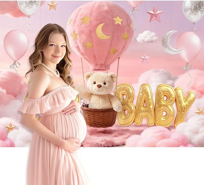 Oh Baby Bear Baby Shower Backdrop 7Wx5H Feet Pink Cartoon Hot Air Balloons Lovely Clouds Gold Stars Moon Polyester Girls Baby Shower Photography Backgrounds Photo Shoot Decor Props Decoration