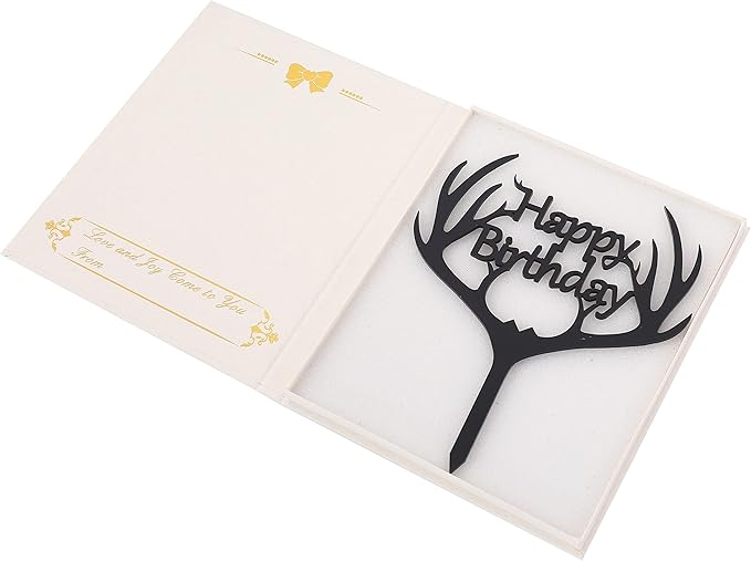 LOVENJOY Gift Boxed Antler Happy Birthday Cake Topper Black Frosted Acrylic, Hunting Birthday Cake Topper for Men Dad Hunter