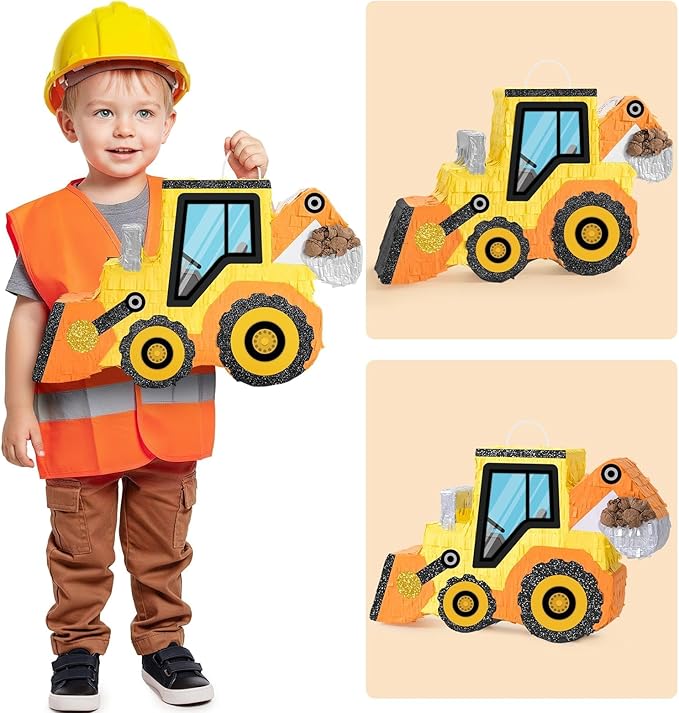 WERNNSAI Construction Piñata - Construction Party Supplies Dump Truck Piñata with Blindfold and Bat for Boys Kids Tractor Excavator Theme Birthday Party Game Decorations (16.5" x 10.4" x 3")