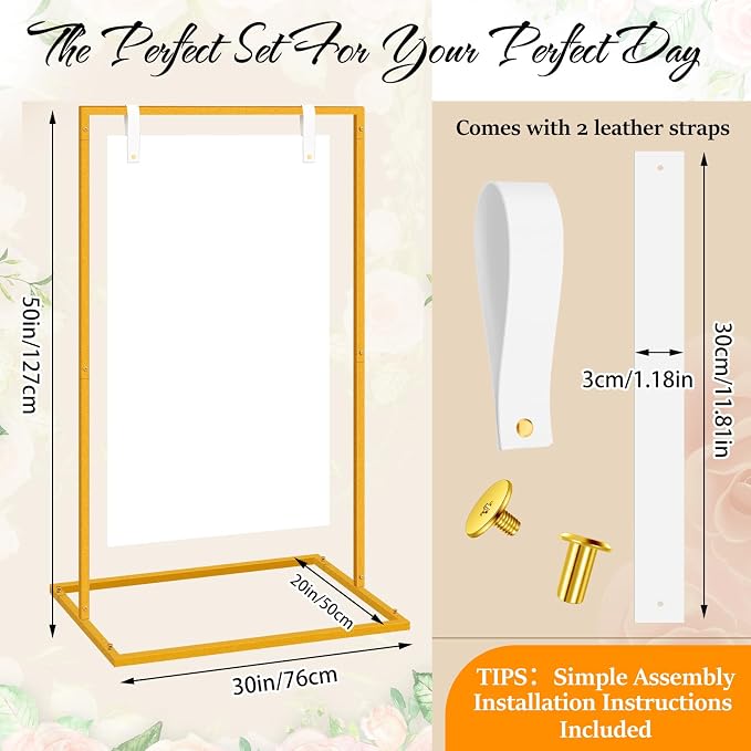 MorningRo Wedding Welcome Sign Stand 50”x30”x20” Welcome to Our Wedding Sign Holder with 2 Leather Straps Easel Stand for Signs Metal Display Poster Holder for Ceremony Party(White, Gold)