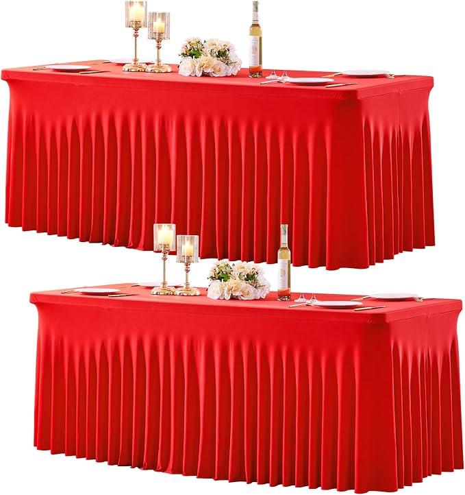 2 Pack Red Spandex Tablecloths for Rectangle Tables 6 Foot Red Stretch Table Cloth Rectangle 6ft Elastic Fitted Table Cover Fabric with Skirt for Wedding Graduation Birthday Party Banquet Buffet