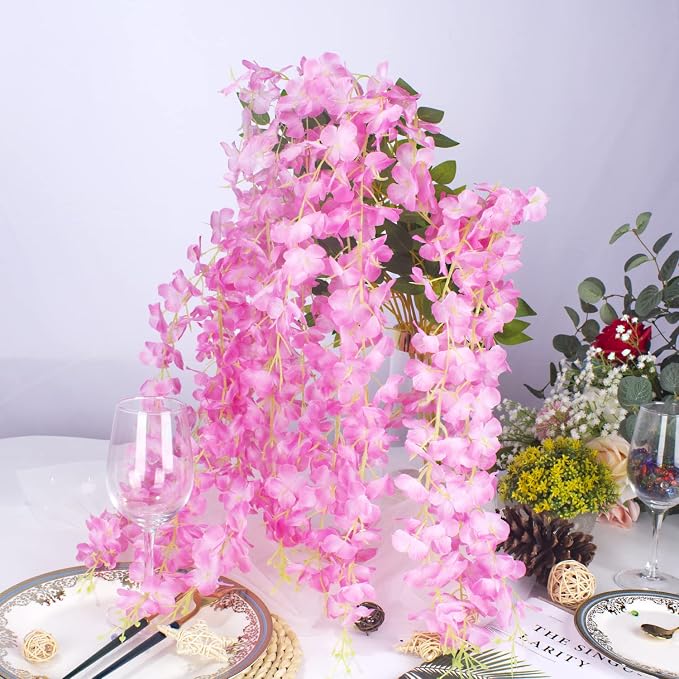AITISOR 12 Pack Artificial Flowers Silk Wisteria Vine Ratta Hanging Flower (Pink)