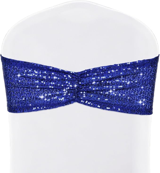SquarePie Pack of 20 Sequin Chair Sashes Shiny Navy Blue Bows Bands for Wedding Banquet Party Decor