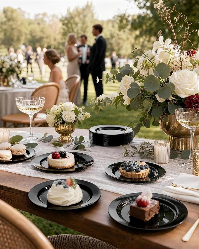 bUCLA 100 Pieces Black Plastic Plates - 6.25 inch Disposable Dessert/Salad/Appetizer/Small Cake Plates for Party, Graduation & New Year