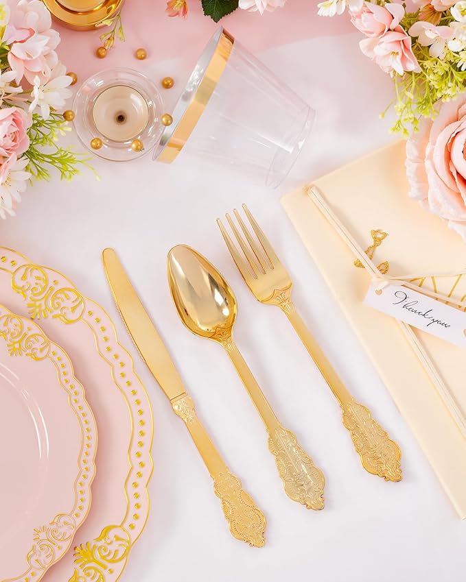 Ciaell 350 PCS Pink Plastic Plates - Pink and Gold Disposable Plates Include 50 Disposable Plate, 150 Heavy Duty Silverware, 50 Cups, 50 Napkins for Wedding & Party & Anniversary & Mother's Day