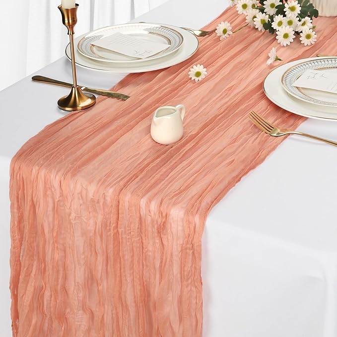 6 Pack Coral Cheesecloth Table Runner 10Ft Spring Gauze Cheese Cloth Table Runner 35x120 Inch Boho Sheer Rustic Fabric for Holiday Party Decor Baby Shower Wedding Decorations