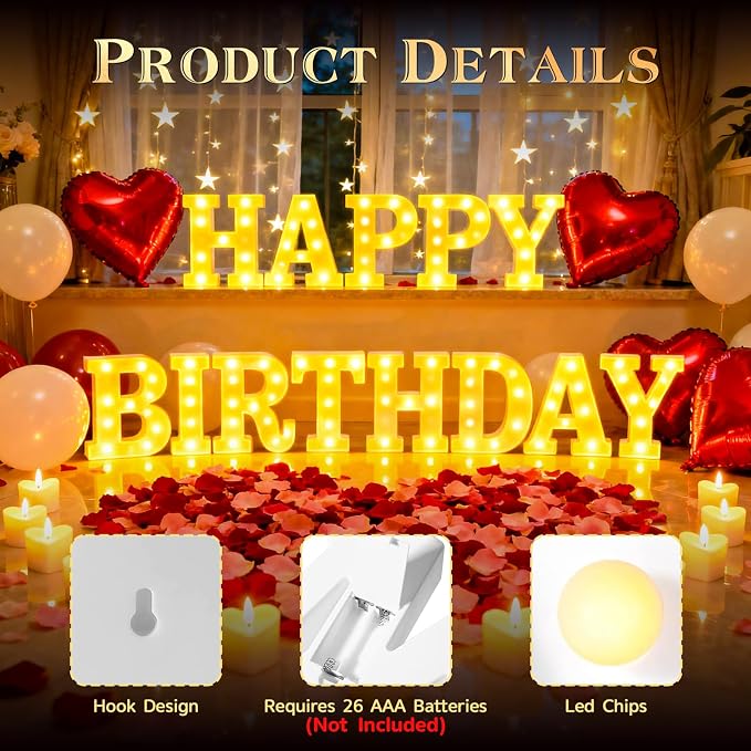 Happy Birthday Light up Letters, Include Tea Lights Candles, Latex Balloons, Aluminum Balloons and Rose Petals, Special Festival, Surprise Gifts for Women and Men