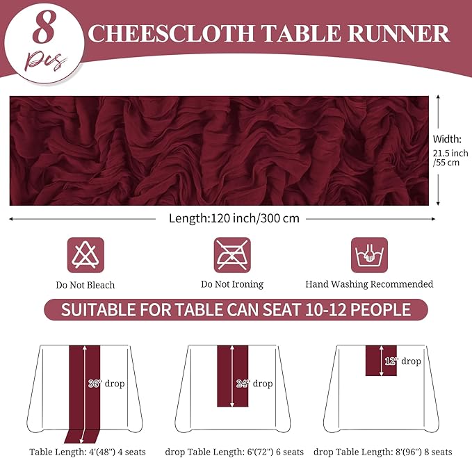 8 Pack 10Ft Cheesecloth Table Runner Burgundy, 20 x 120 Inch Rustic Gauze Boho Cheese Cloth Wedding Long Table Runner for Wedding Party Bridal Shower Decoration