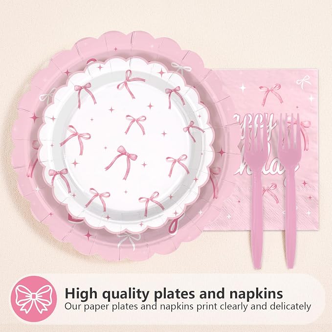 96Pcs Pink Bow Party Supplies 17th Birthday Party Plates and Napkins Disposable Bow Themed Tableware Set for Girl Happy 17th Birthday Baby Shower Decorations, Serves 24