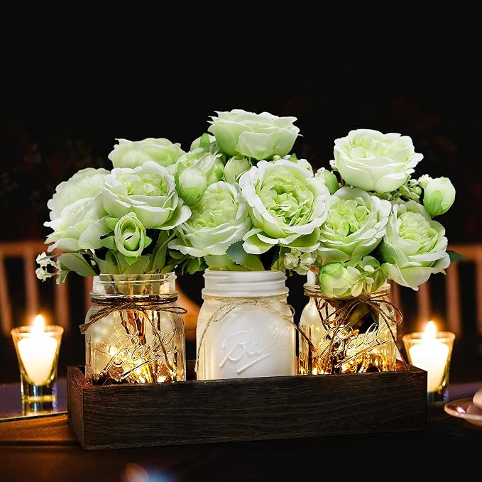 Green Mason Jar Table Centerpiece with Light for Kitchen Dining Room | 3 Piece Farmhouse Coffee Table Decor with Fake Flowers Wood Tray for Living Dining Room Bathroom Wedding Outdoor Decoration