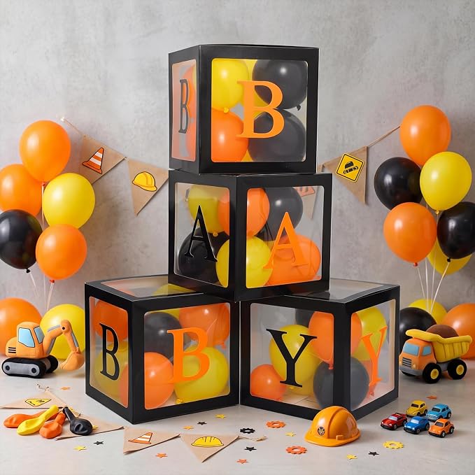 Zhanmai Baby Shower Balloon Boxes for Bear Baby Shower Decoration with 4 Letters 36 Balloons 4 Transparent Balloon Box Blocks for Boy Girl Gender Reveal Party Favors (Black,Yellow,Orange)