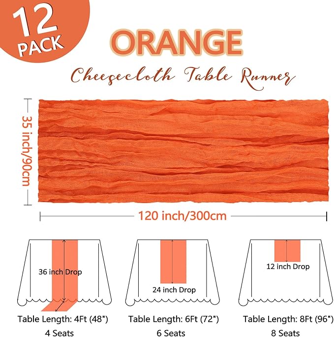 12 Pack Orange Cheesecloth Table Runner 10Ft Spring Gauze Cheese Cloth Table Runner 35x120 Inch Boho Sheer Rustic Fabric for Party Decor Baby Shower Wedding Holiday Decorations