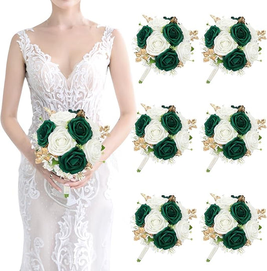 Artificial Bridesmaid Bouquet Set of 6 - Wedding Flowers Bouquets for Bridesmaids, Small Pre-made Faux Small Floral Bouquets for Bridal Shower, Ceremony, Anniversary - Emerald White Gold, 7 Inch