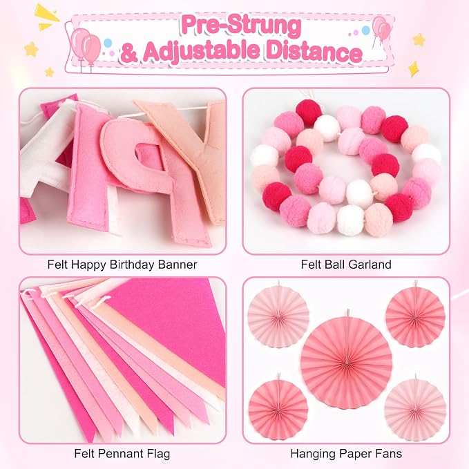 Pre-Strung Happy Birthday Banner, Reusable Felt Birthday Party Decorations, 3D Effect Happy Birthday Sign with Felt Ball Garland, Pennant Flag, Hanging Paper Fans for Men Women Boy Girls (Pink)