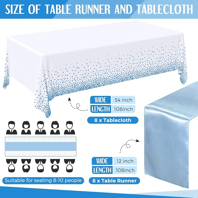 Tudomro 16 Pcs White and Light Blue Disposable Plastic Tablecloths and Satin Table Runner Set 54x108 Inch Tablecloth 12x108 Inch Table Runners for New Year Wedding Birthday Baby Shower Graduation