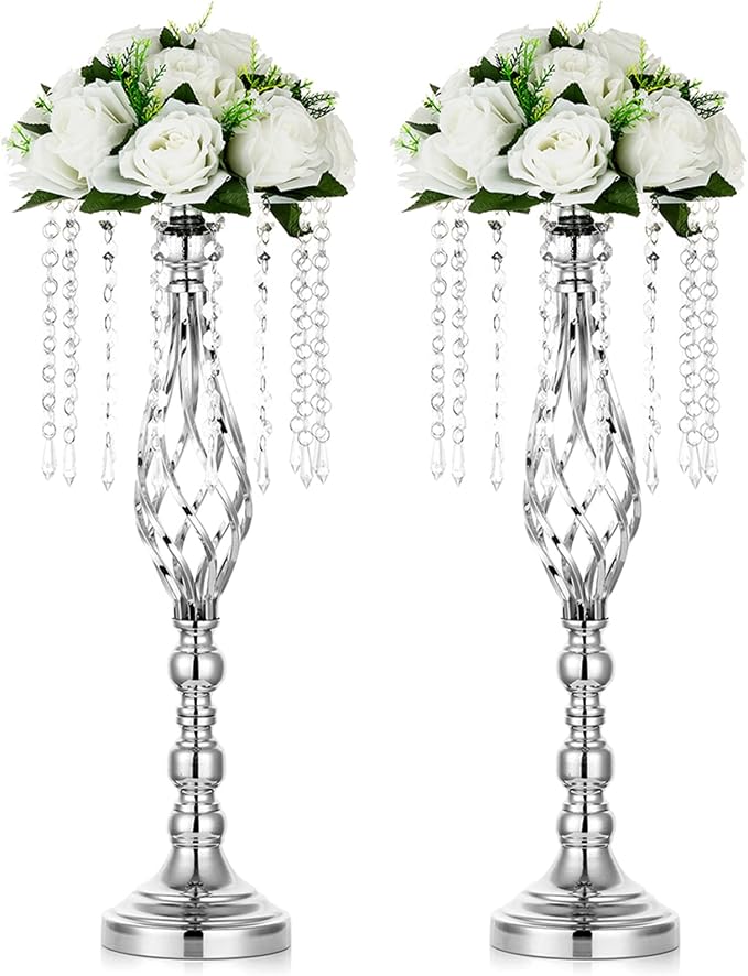 Nuptio 2 Pcs Silver Wedding Centerpieces Flower Stand, 21.7in/55cm Height Wedding Road Lead Flower Vases, Crystal Artificial Flower Arrangements for Wedding Party Birthday Event Reception Home Decor