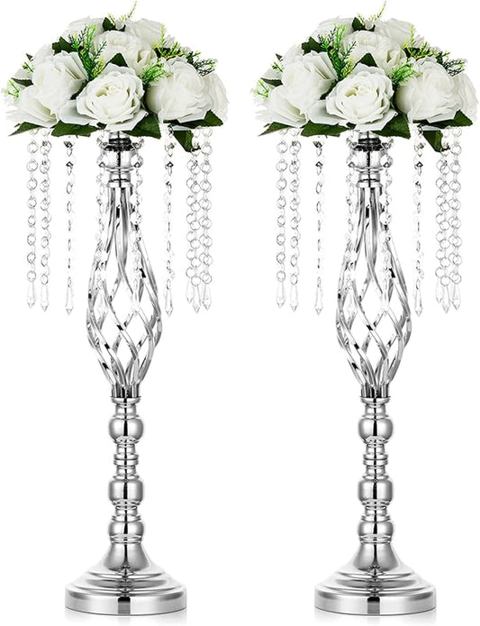 Nuptio 2 Pcs Silver Wedding Centerpieces Flower Stand, 21.7in/55cm Height Wedding Road Lead Flower Vases, Crystal Artificial Flower Arrangements for Wedding Party Birthday Event Reception Home Decor