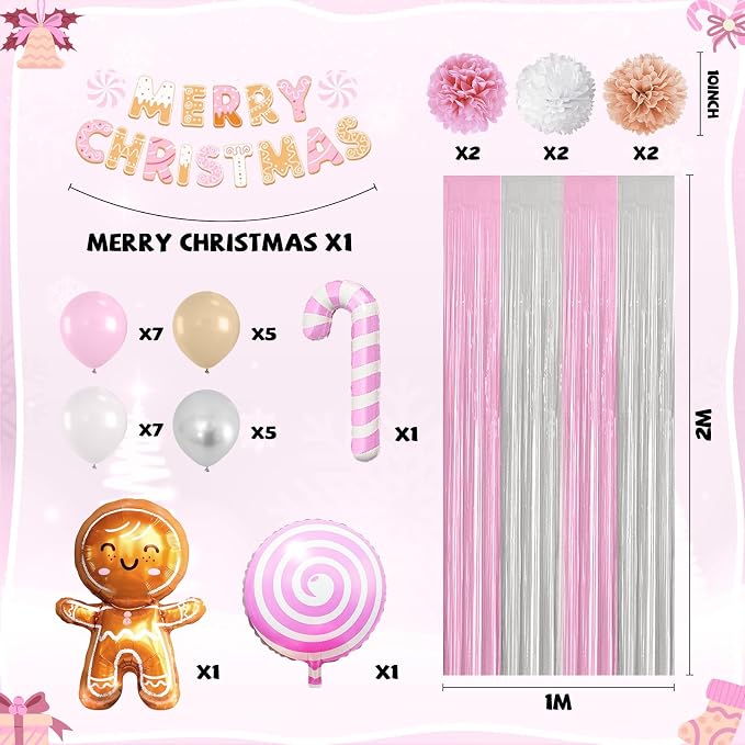 Pink White Christmas Decorations,Merry Christmas Decor Banner Paper Pompoms Fringe Curtain Backdrop Xmas Foil Balloons Latex Balloon for Indoor Outdoor Decorations
