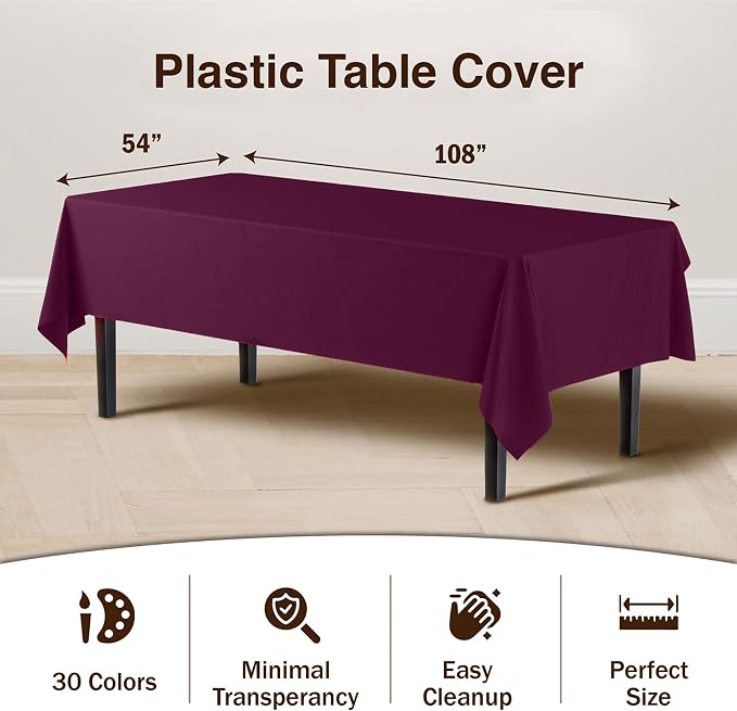 Exquisite Plum Tablecloths for Rectangle Tables 48 Pack Plastic Table Cloth Disposable 54" X 108" Plum Table Cloths Rectangle Tablecloth Plastic Tablecloths Rectangular Party Supplies