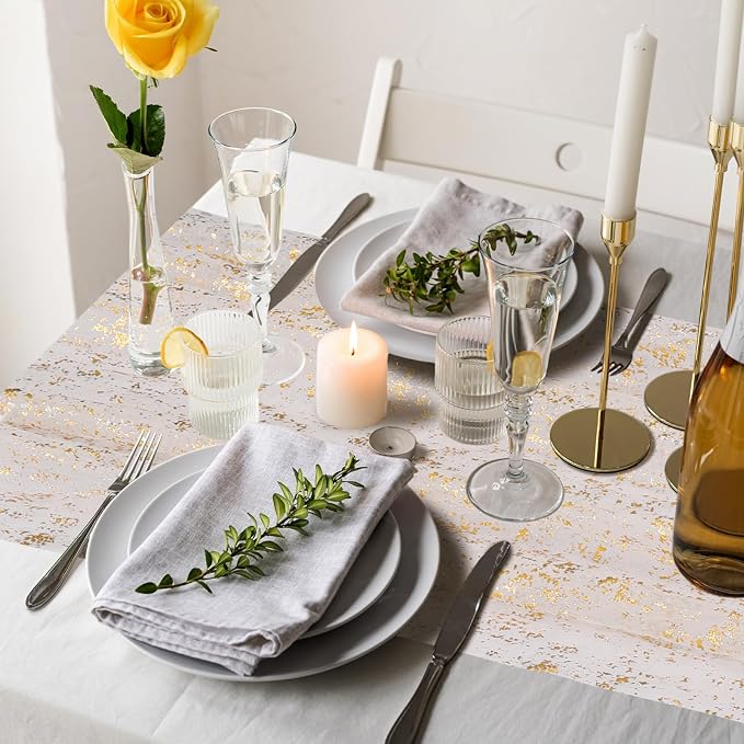 BINBE 3PCS Gold Table Runner 10Ft Gold Sheer Table Runner Chiffon Fabric Cheesecloth Sequin Glitter Table Runner for Wedding Birthday Bridal Shower Party Decor