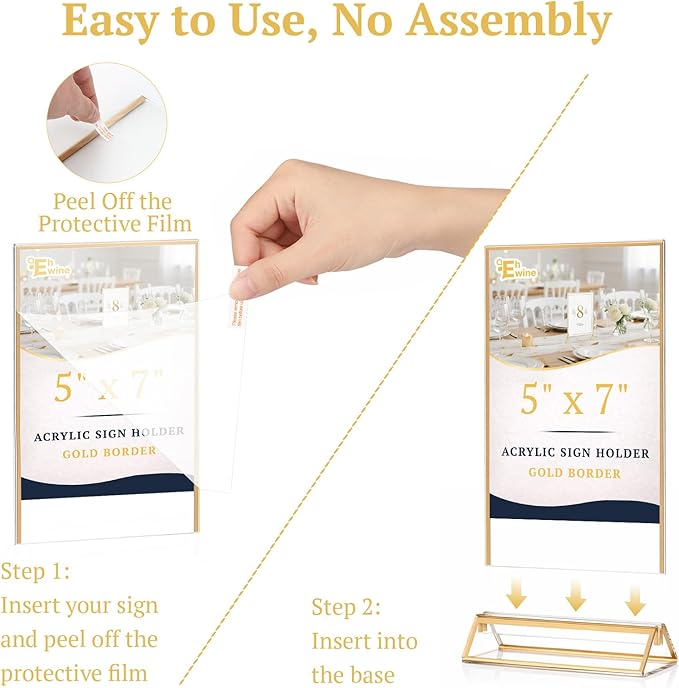 EHWINE 12 Pack Acrylic Sign Holder 5 x 7, Double Sided Gold Picture Frame Stand up Table Top Sign Holders, Clear Display Stand Menu Flyer Holder for Wedding Party (Provide Non-slip Mats)