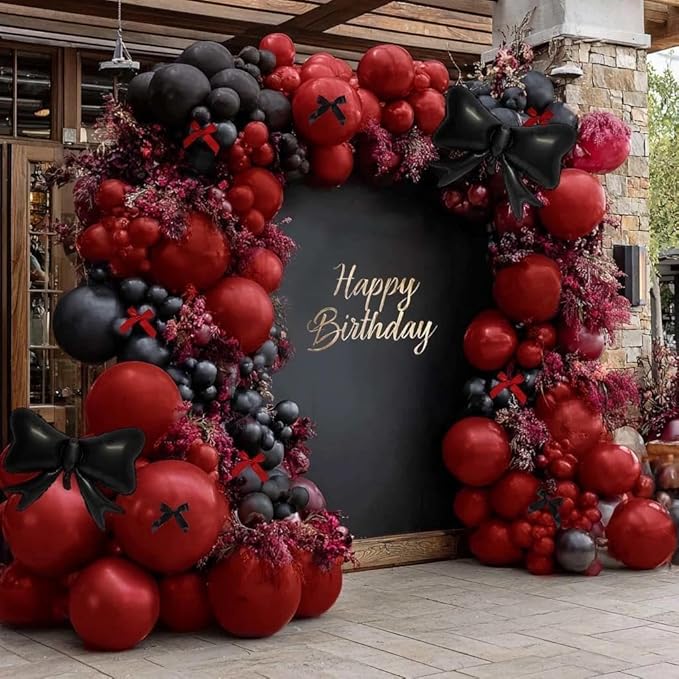 Dark Red Black Balloon Arch Kit with Bow, Double Stuffed Burgundy Black Red Maroon Balloon Garland for Birthday Baby Shower Anniversary Wedding Graduation Mother‘s Day Party Decoration
