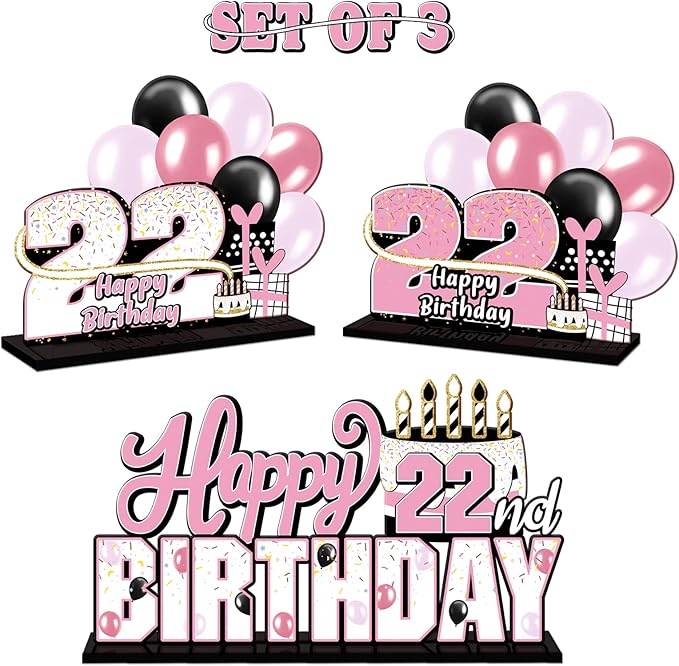 LINGTEER Happy 22nd Birthday Pink Acrylic Table Topper Centerpieces Set - Cheers to 22 Years Old Birthday 22nd Bday Party Gift Decorations.