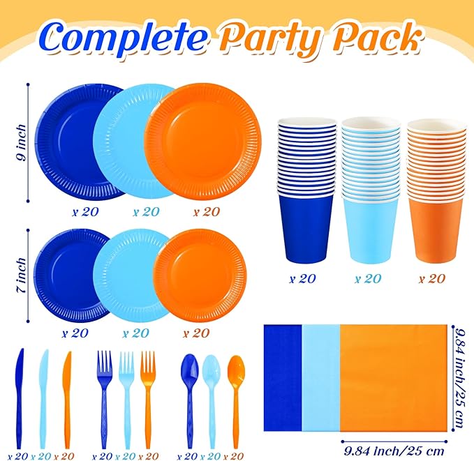 Ziliny 420 Pcs Paper Plates and Napkins 9 oz Paper Cups Forks Knives Spoons Disposable Tableware for Dog Theme Birthday Party Supplies, Serves 60(Sky Blue, Orange, Dark Blue)