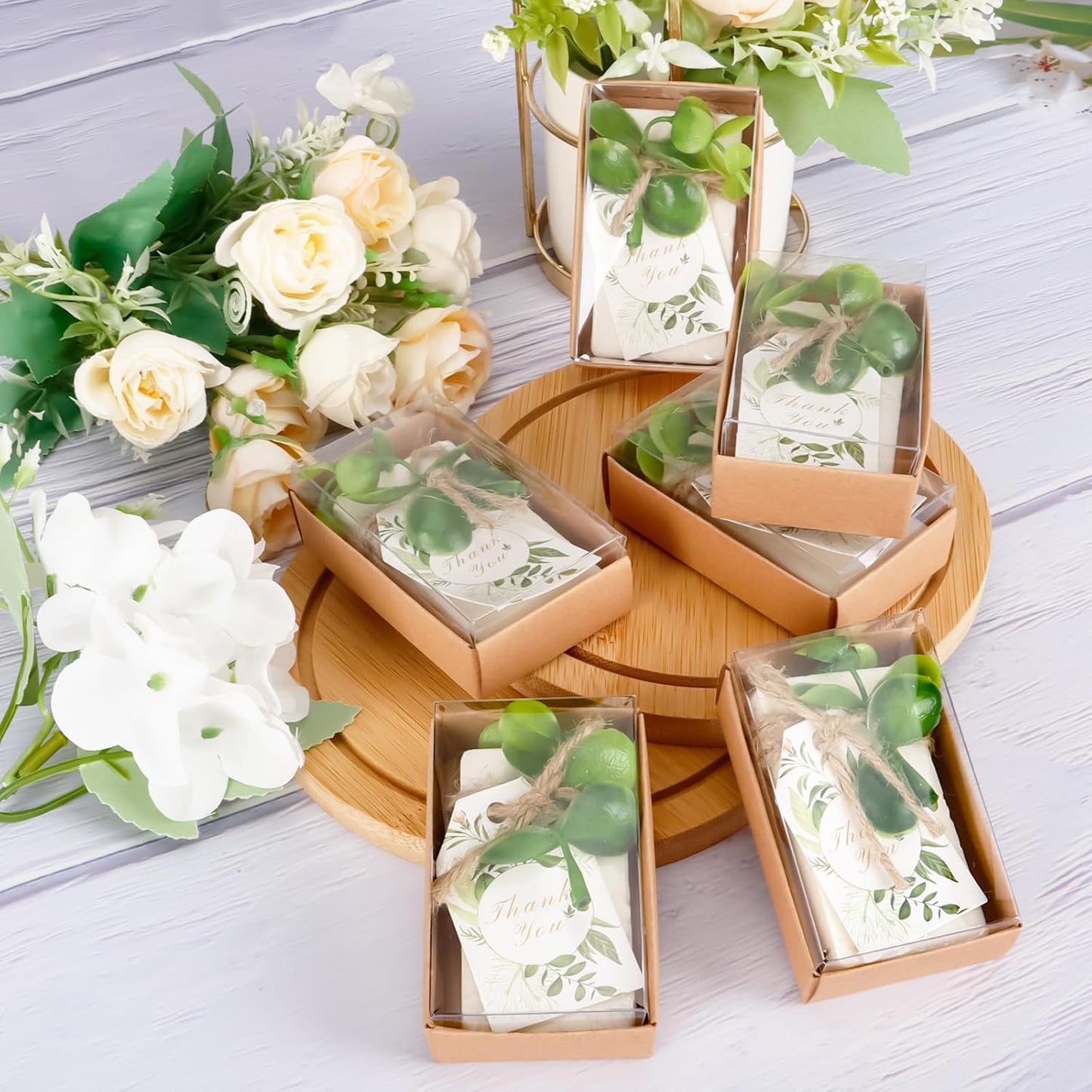 50PCS Handmade Soap Wedding Favor Mini Soap Bars Gifts for Bridal Shower Baby Shower Soap Party Favors for Theme Party Decorations with Mini Dried Flowers Thank You Kraft Paper Packaging Box