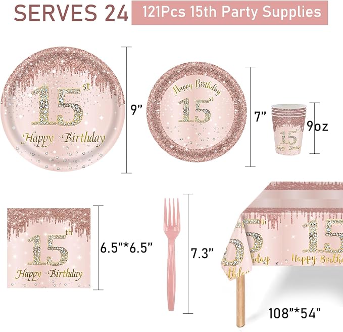 121Pcs 15th Birthday Party Supplies Plates Napkins Cups Forks Tablecloth Rose Gold Happy 15th Birthday Themed Disposable Tableware Decorations Serves 24 Guests for Girls 15 Years Birthday Decor