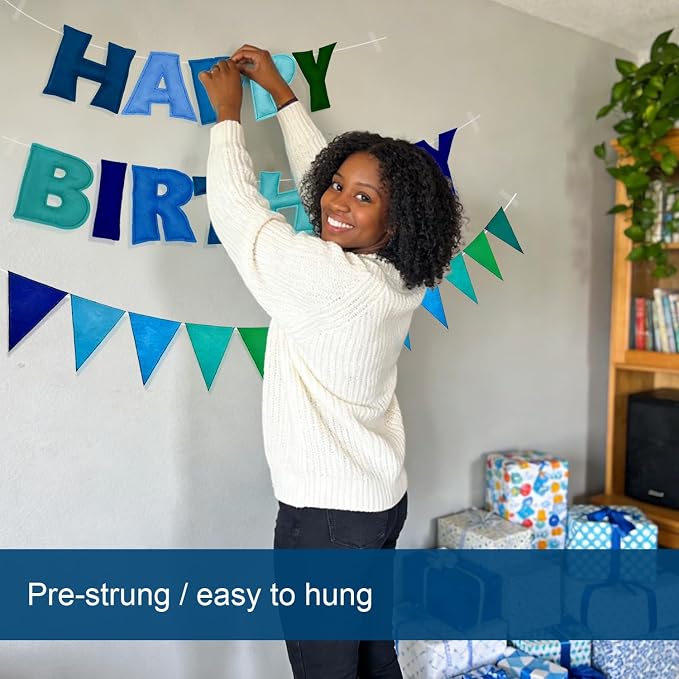 Pre-Strung Happy Birthday Decor Blue, 3D Felt Birthday Banners Poms Pom Fabric Party Garland, Felt Pennant Flat, with 10PCS Honeycomb Balls, Blue Reusable Party Celebration Decorations