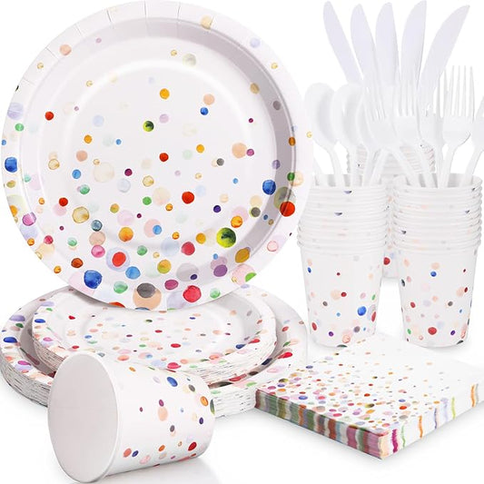 Colorful Birthday Plates and Napkins 168PCS Happy Birthday Party Plates Set for Holiday Party Supplies Bubble Decorations,Confetti Colorful Paper Plates Disposable Tableware Serve 24