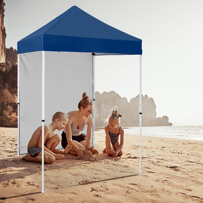 5x5 Pop Up Canopy Tent with One Sidewall, Instant Portable Beach Canopy, Outdoor Tent with Carry Bag for Camping, Sports, Tailgating, Events, Dark Blue