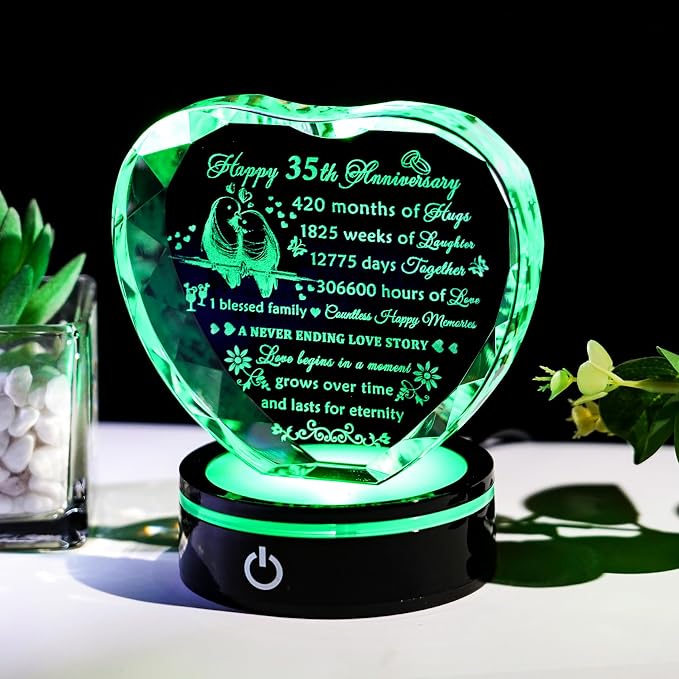 YWHL 35th Wedding Anniversary Crystal Heart Gifts for Parents Couples with LED Base Laser Engraved Happy 35th Anniversary Keepsake Plaque Gift for Husband Wife 35 Years of Marriage Gifts for Her Him