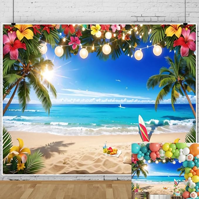 10x8ft Summer Beach Hawaiian Backdrop Tropical Palm Flower Seaside Scenery Hawaiian Photography Background Luau Party Decorations Backdrops Banner Studio Photo Booth Props