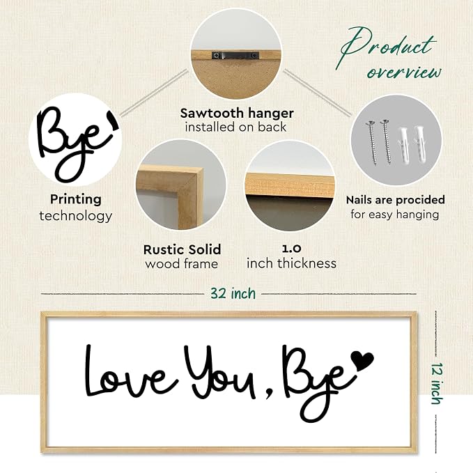 YWJKWLGS Love You Bye Wall Decor Above Door, Entryway Door Sign for Mudroom | Farmhouse Rustic Natural Wood Framed, 32x12 Inches, Living Room, Farewell Wall Art, Last Thing They See Leaving Home