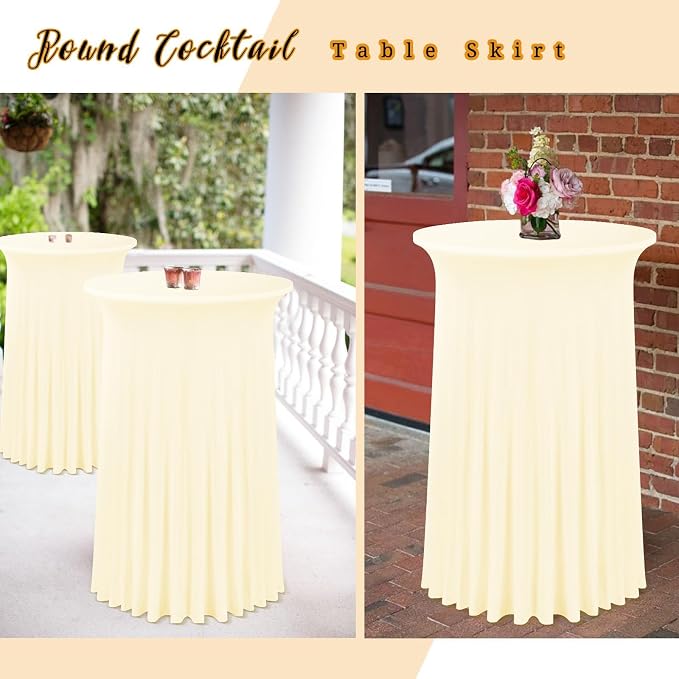 6 Packs 32"x 43" Round Cocktail Table Skirt, Spandex Fitted High Top Table Skirt, Spandex Stretch Cocktail Tablecloth for Wedding Party Bar Banquet Birthday Tables(Beige)