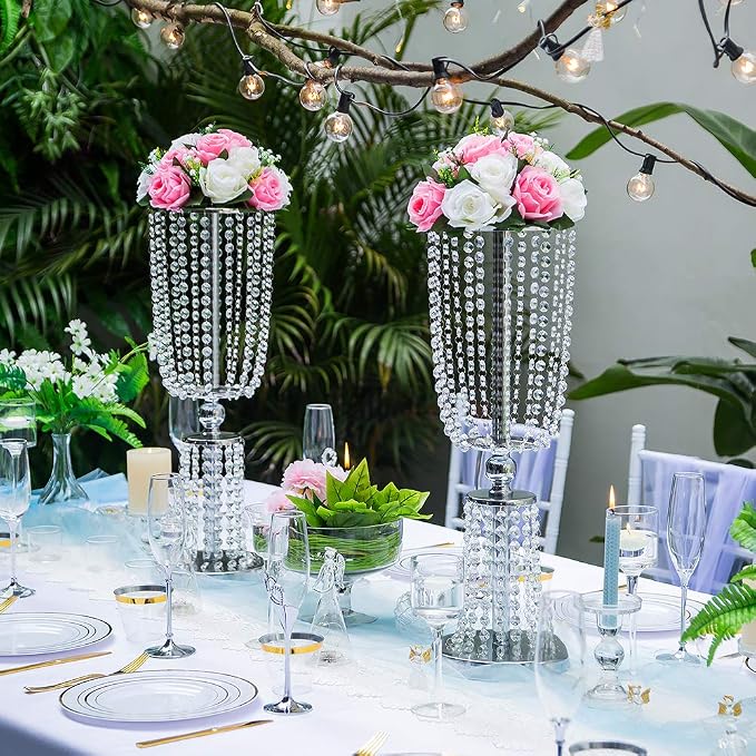10 Pcs 23.75 inches Tall Crystal Metal Vase Flower Stand Holders Wedding Centerpiece Chandelier for Reception Tables Wedding Supplies