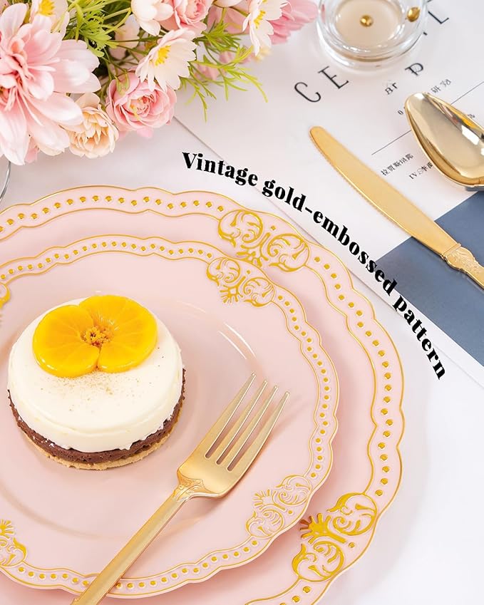 Ciaell 350 PCS Pink Plastic Plates - Pink and Gold Disposable Plates Include 50 Disposable Plate, 150 Heavy Duty Silverware, 50 Cups, 50 Napkins for Wedding & Party & Anniversary & Mother's Day