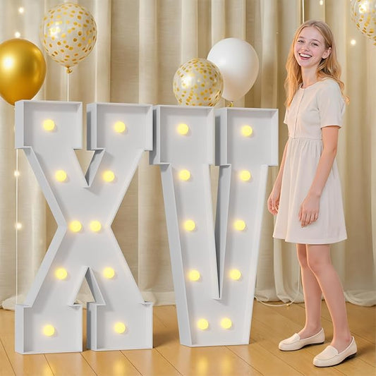 4FT 15 Marquee Numbers 15 Light Up Numbers for Party Letter XV Large Foam Cardboard Warm White Light Sign Backdrop Quinceanera Birthday Party Decorations XV