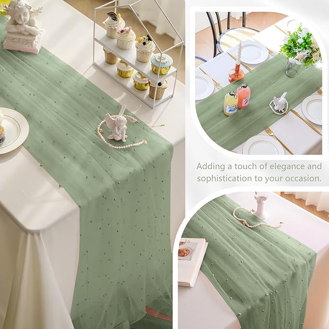 12 Pack 10FT Pearl Table Runner 30x120 Inch Sage Green Tulle Fabric Boho Rustic Sheer Table Runners Lace Table Cloth for Wedding Bridal Shower Birthday Party Arch Veil Dessert Table Decor (Sage Green)