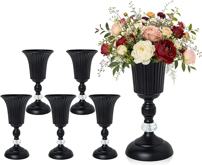 11.6 inches Metal Wedding Flower Trumpet Stripe Vases Table Centerpieces for Artificial Flower Arrangements for Anniversary Celebration/Wedding/Party/Birthday Event Aisle Home Decor (Black, 6pcs)