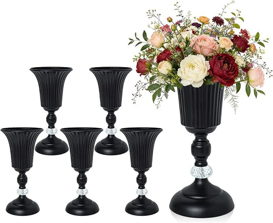 11.6 inches Metal Wedding Flower Trumpet Stripe Vases Table Centerpieces for Artificial Flower Arrangements for Anniversary Celebration/Wedding/Party/Birthday Event Aisle Home Decor (Black, 6pcs)