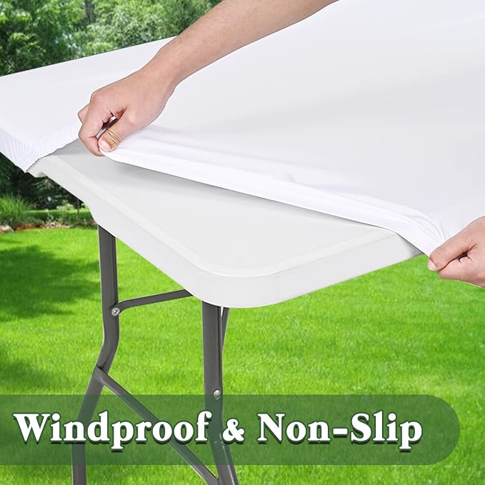 2 Pack Picnic Table Cover Fitted Tablecloths 8 Foot Rectangle Tables Elastic Waterproof Stretch Washable Patio Folding Outdoor Spandex Table Cloth for Camping Banquet and Parties (White,30" x 96")