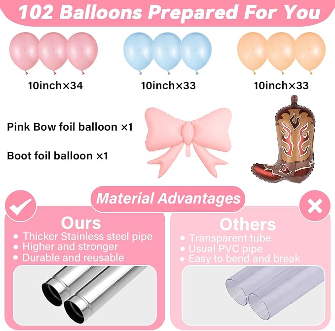2 Sets Boots or Bows Gender Reveal Decoration Balloon Column Stand Kit with 102 Blue Pink Balloons 5.57ft Balloon Tower Stand with Base Arch for Western Cowgirl Cowboy Baby Shower Party Decor Supplies
