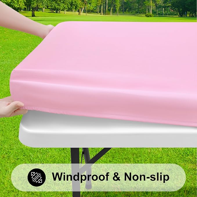 Smiry 3 Pack Rectangle Table Cloth, Elastic Fitted Flannel Backed Vinyl Tablecloths for 8ft Folding Tables, Waterproof Wipeable Table Covers for Indoor, Outdoor, Camping and Picnic (Pink, 30"x96")
