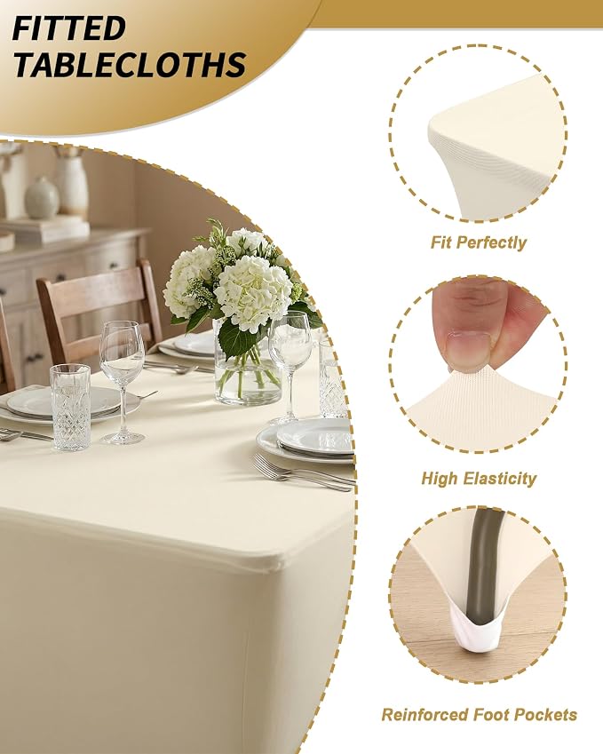Fixwal Ivory Stretch Table Cloth Rectangle 2 Pack 6Ft, Spandex Fitted Table Covers Washable for Party, Trade Show, Banquet, Wedding, Buffet