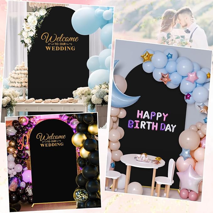PLULON 7.2FT Metal Arch Backdrop Stand and Wedding Arch Cover Set Wedding Arched Frame Balloon Arch Backdrop Stand for Party Birthday Baby Shower Bridal Banquet Ceremony Decoration (Black Cover 7.2FT)