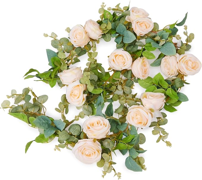 PONKING Flower Garland Artificial Rose Vine Flowers Hanging Fake Roses Vines for Wedding Birthday Party Valentines Christmas Room Wall Arch Decor, 2 Champagne Floral Garland, High Realistic