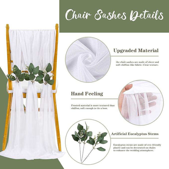 QueenDream White Chair Sashes Wedding: 16 Pieces Long Sheer Wedding Aisle Chair Decorations Tulle Chairs Covers with Artificial Eucalyptus
